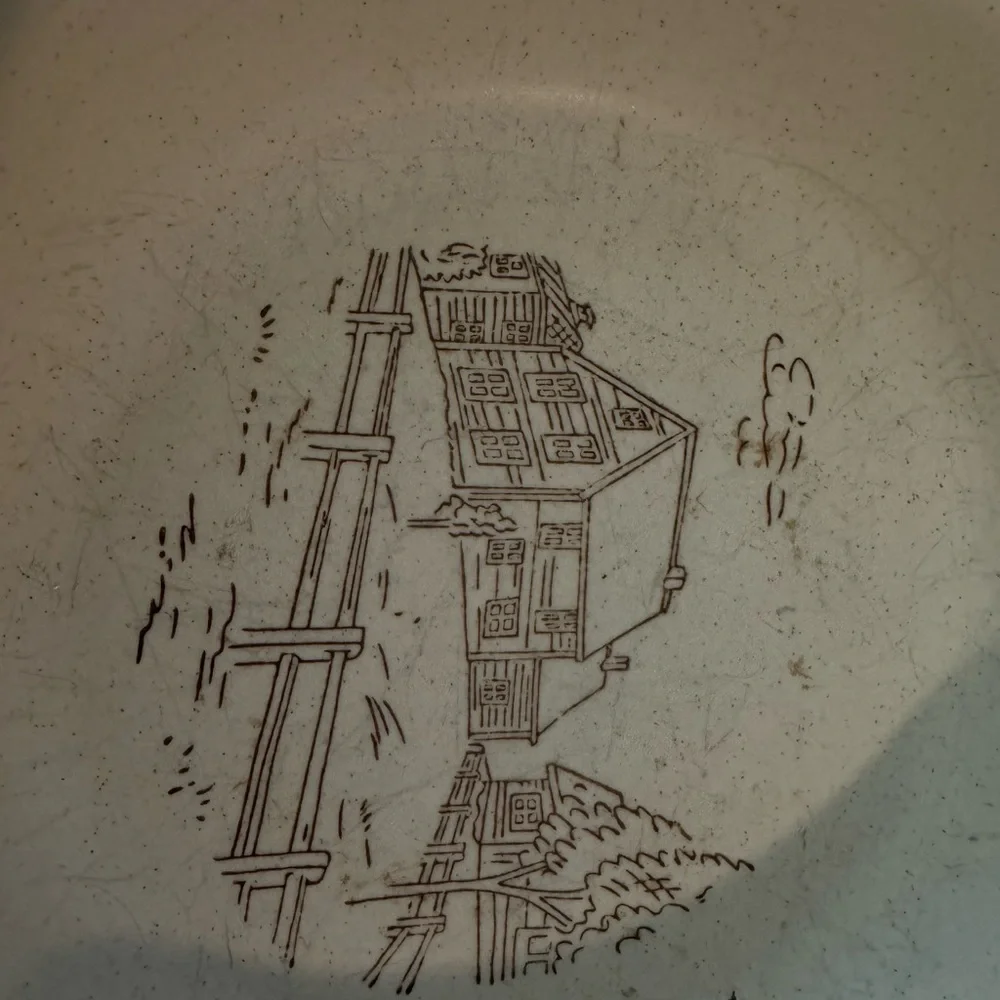 Stoneware Dinner Bowls in Cream with Brown Rim and Scenic Motif